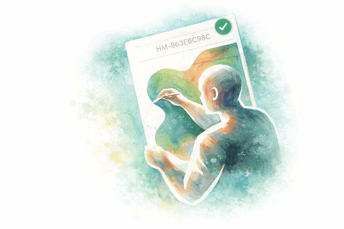 Watercolor illustration of an artist creating, overlaid with a Human Made certification card